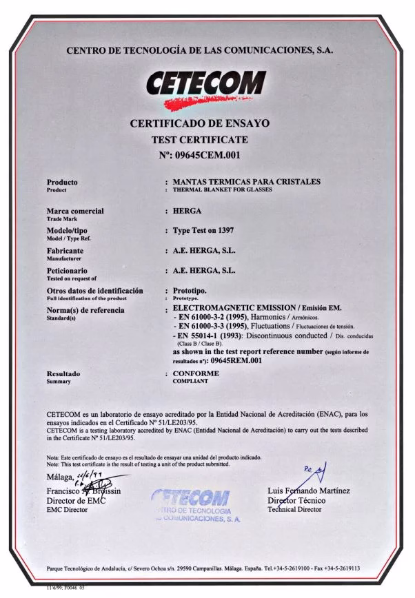 Certificado CETECOM | HERGA ENERGY