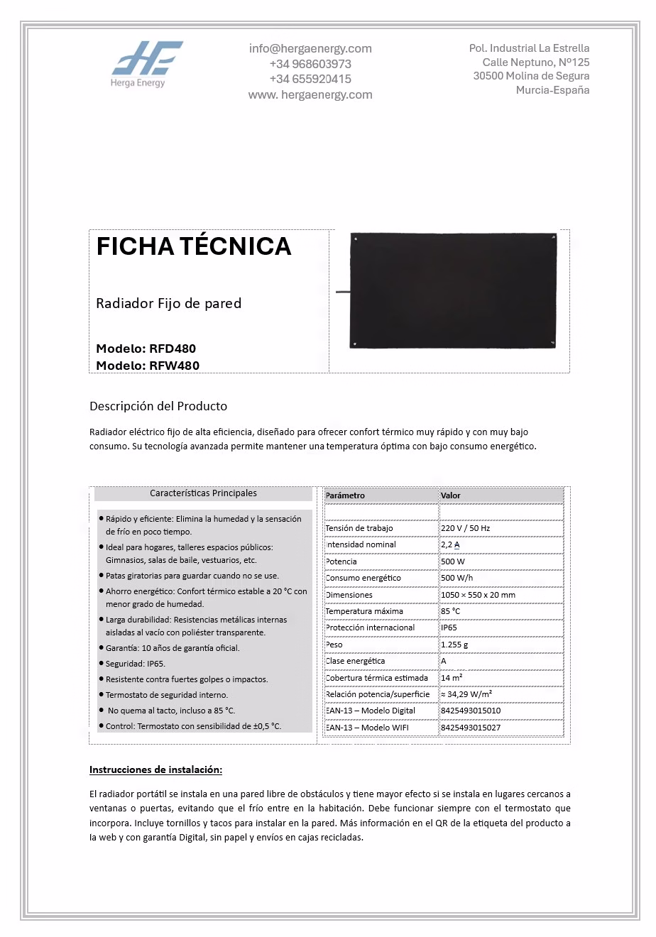 Ficha técnica Radiador fijo de pared HERGA ENERGY JPG Ficha técnica Radiador fijo de pared HERGA ENERGY JPG