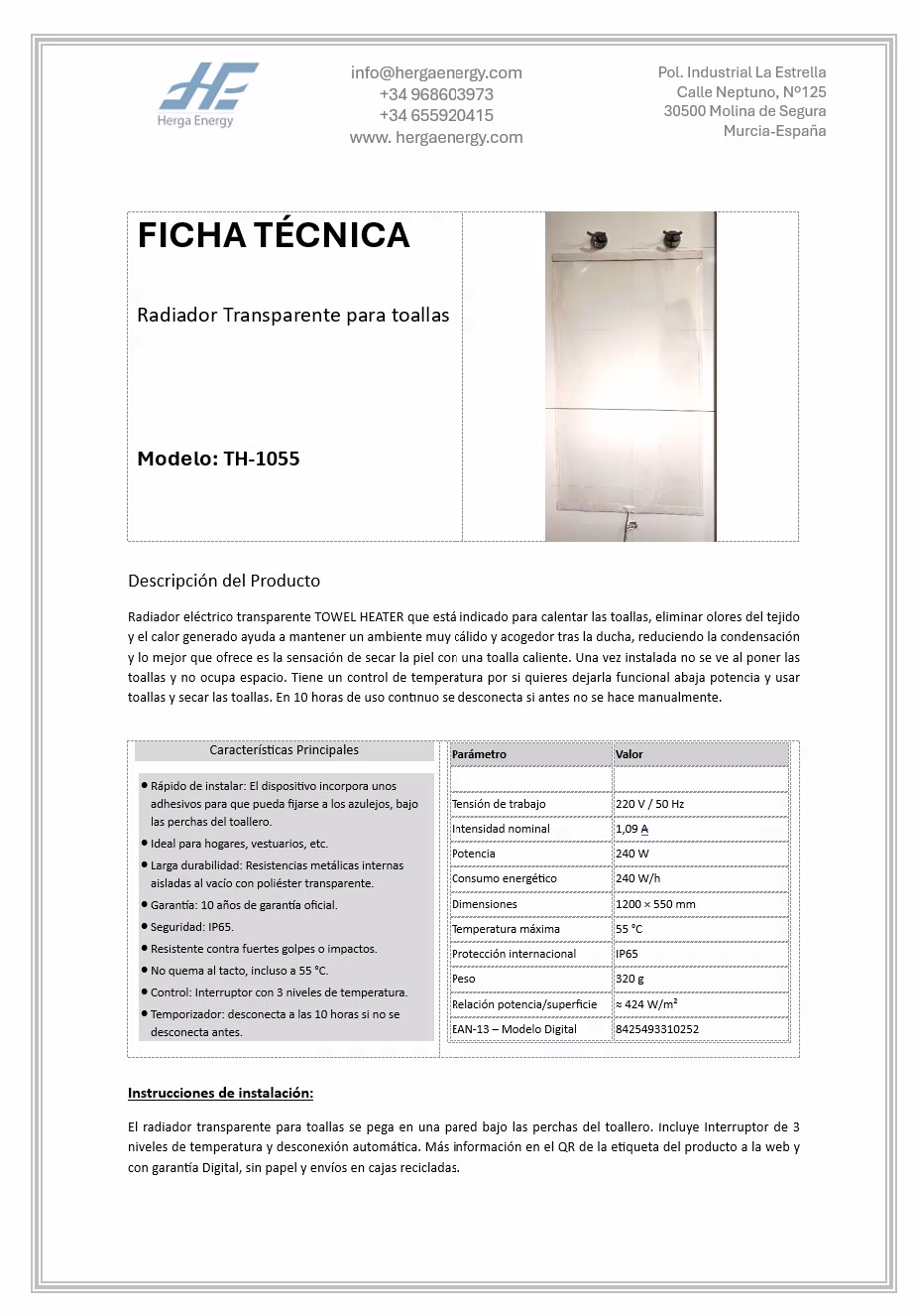 Ficha técnica Radiador Transparente para toallas HERGA ENERGY JPG Ficha técnica Radiador Transparente para toallas HERGA ENERGY JPG