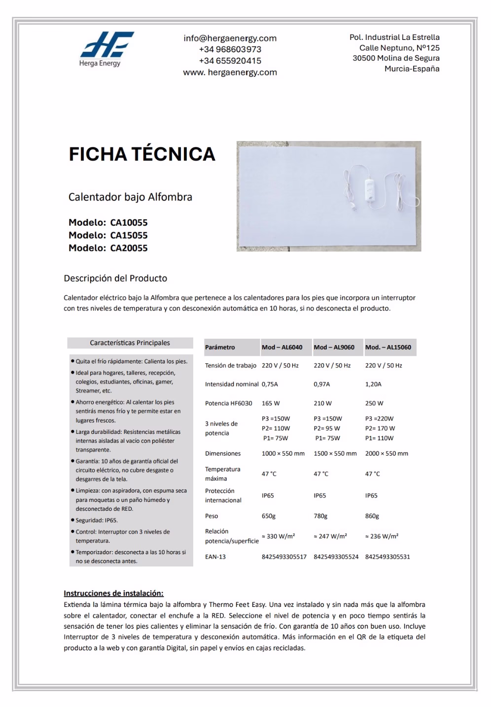 Ficha técnica calentador bajo Alfombra Térmica HERGA ENERGY JPG Ficha técnica calentador bajo Alfombra Térmica HERGA ENERGY JPG