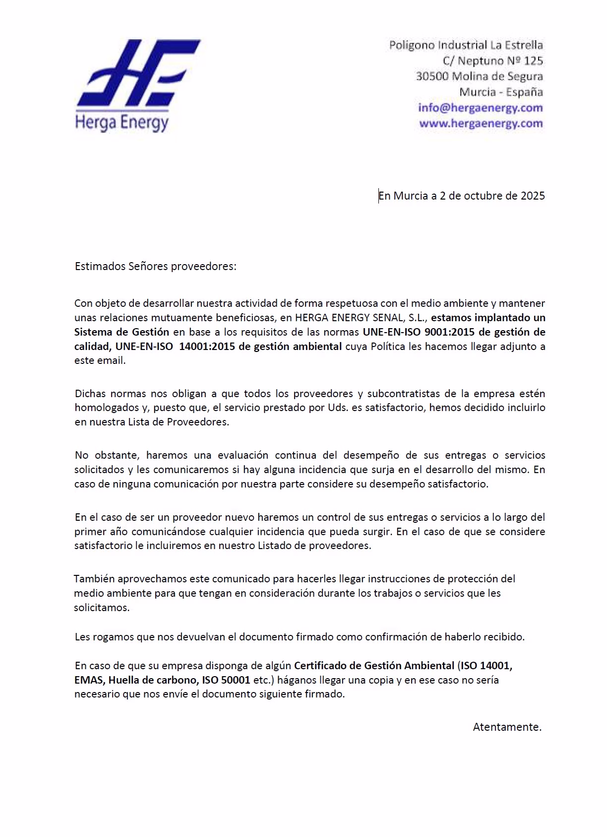 Comunicación de requisitos de calidad y Medio Ambiente a proveedores 1| HERGA ENERGY