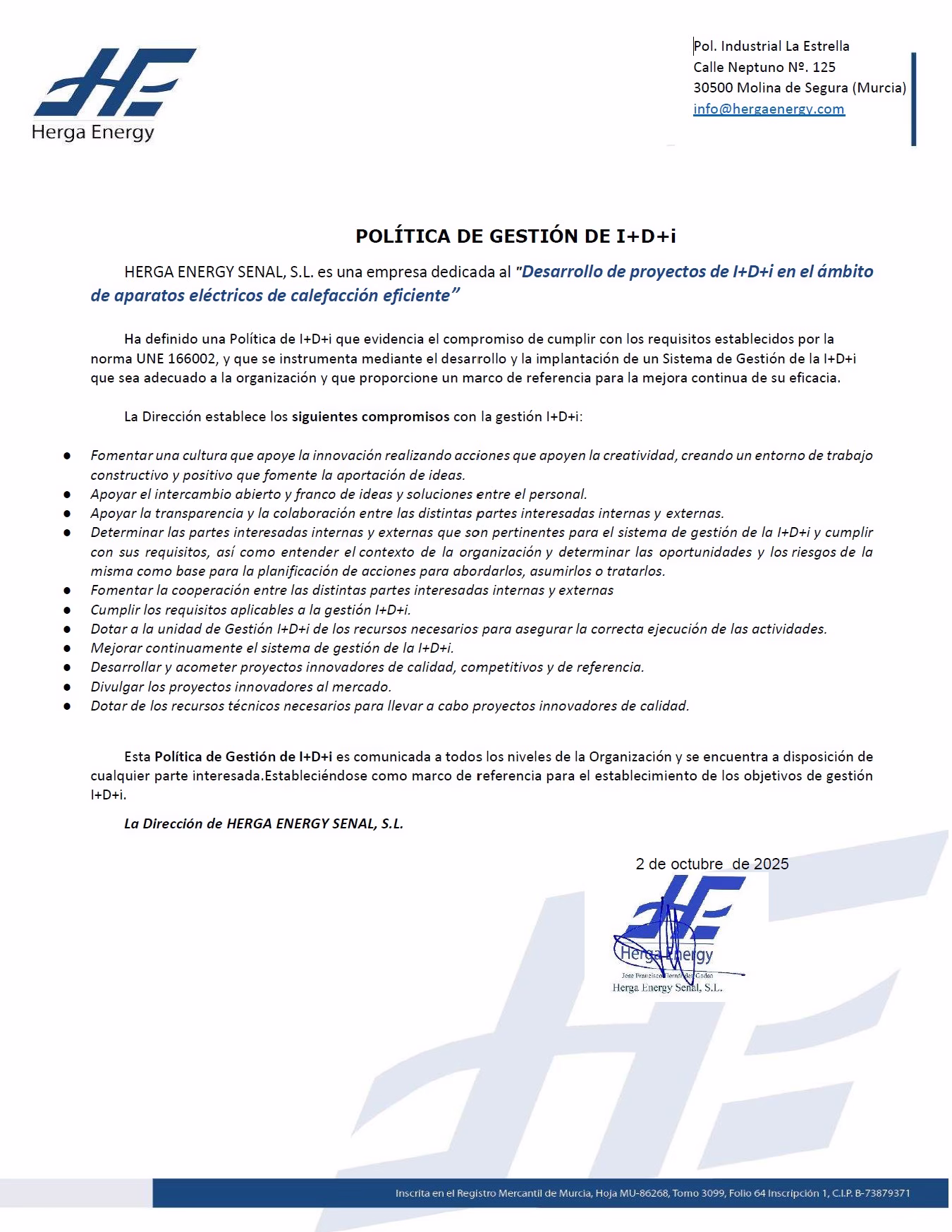 Política de Gestión I+D+i | HERGA ENERGY